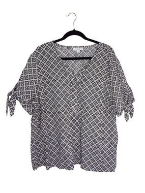 Charter Club XXL Womens 100% Linen Blouse Black & White Floral Geometric Print